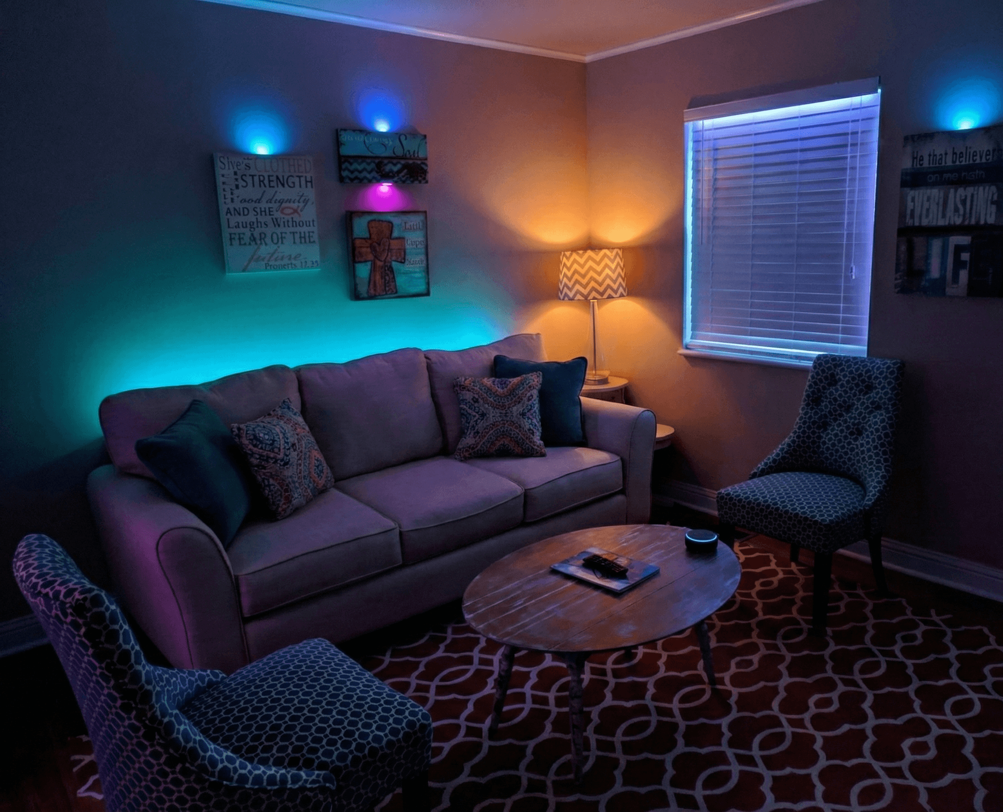 Modern home exterior at dusk with smart lighting